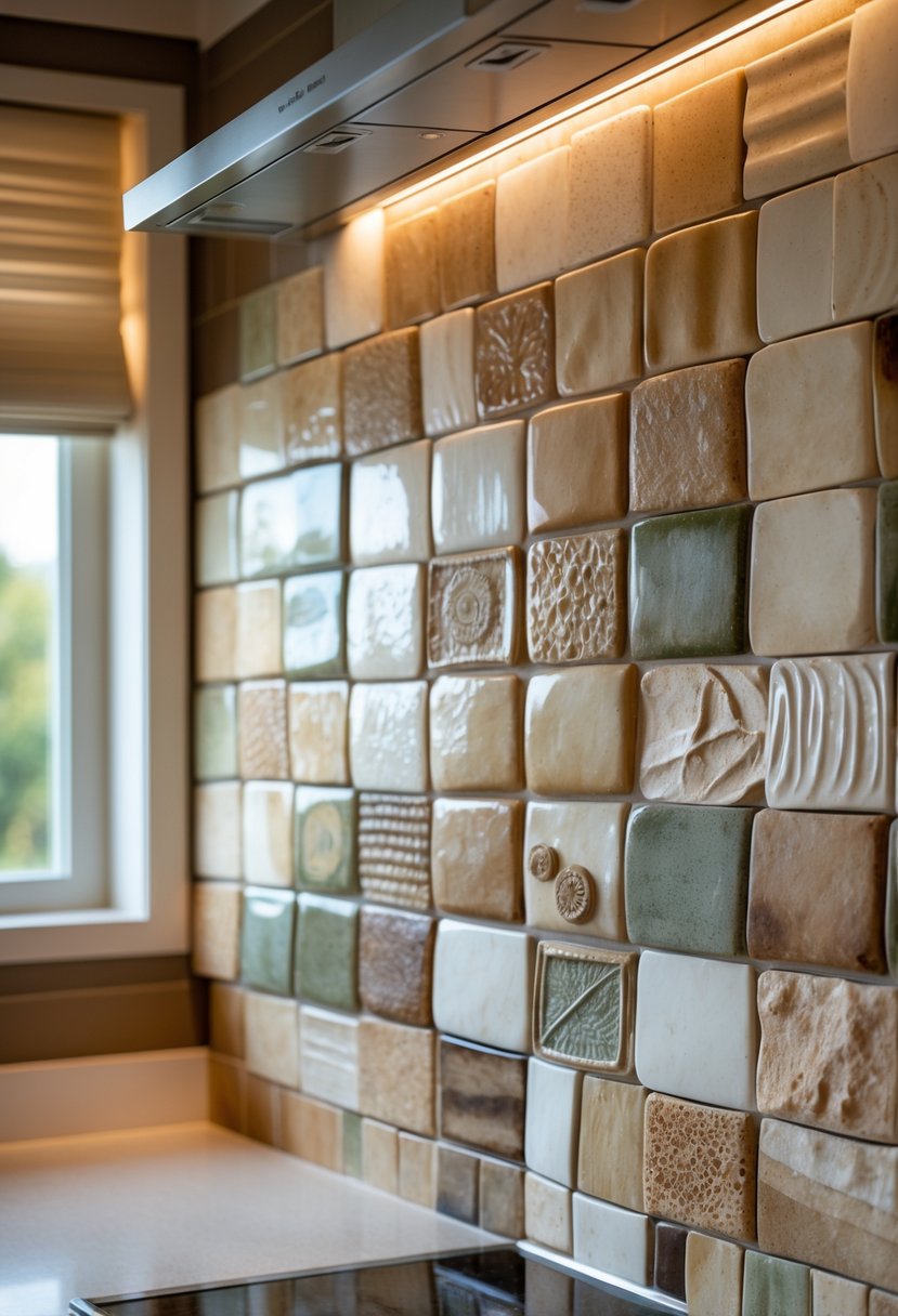 v2 17p7o3 aee5o A kitchen backsplash made of hand-painted ceramic tiles with varied colors and textures.
