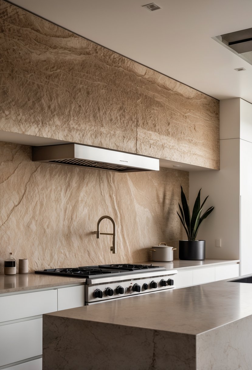 v2 17p7oh mg3pv Modern kitchen with a large textured stone slab backsplash behind the countertop and stove.