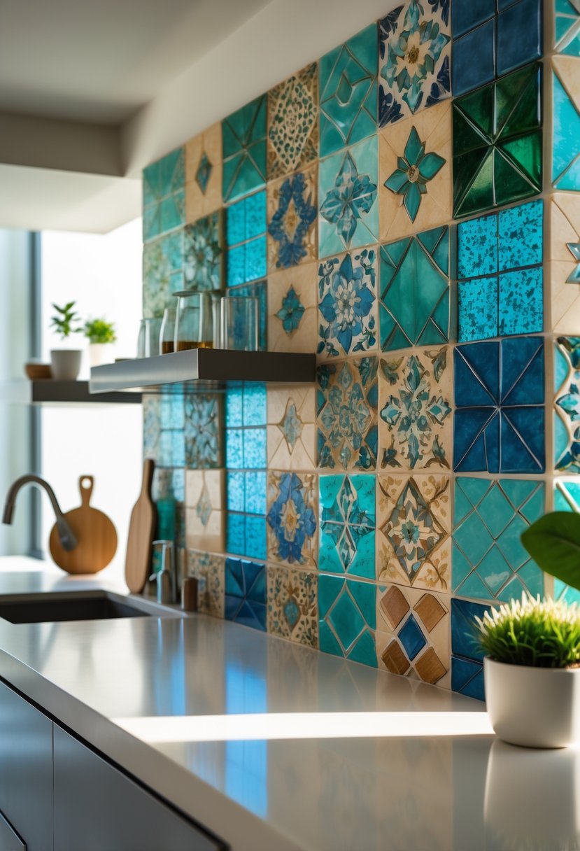 v2 17p7p8 bqidd A modern kitchen with a colorful textured tile backsplash and a clean countertop with kitchen utensils and a small plant.