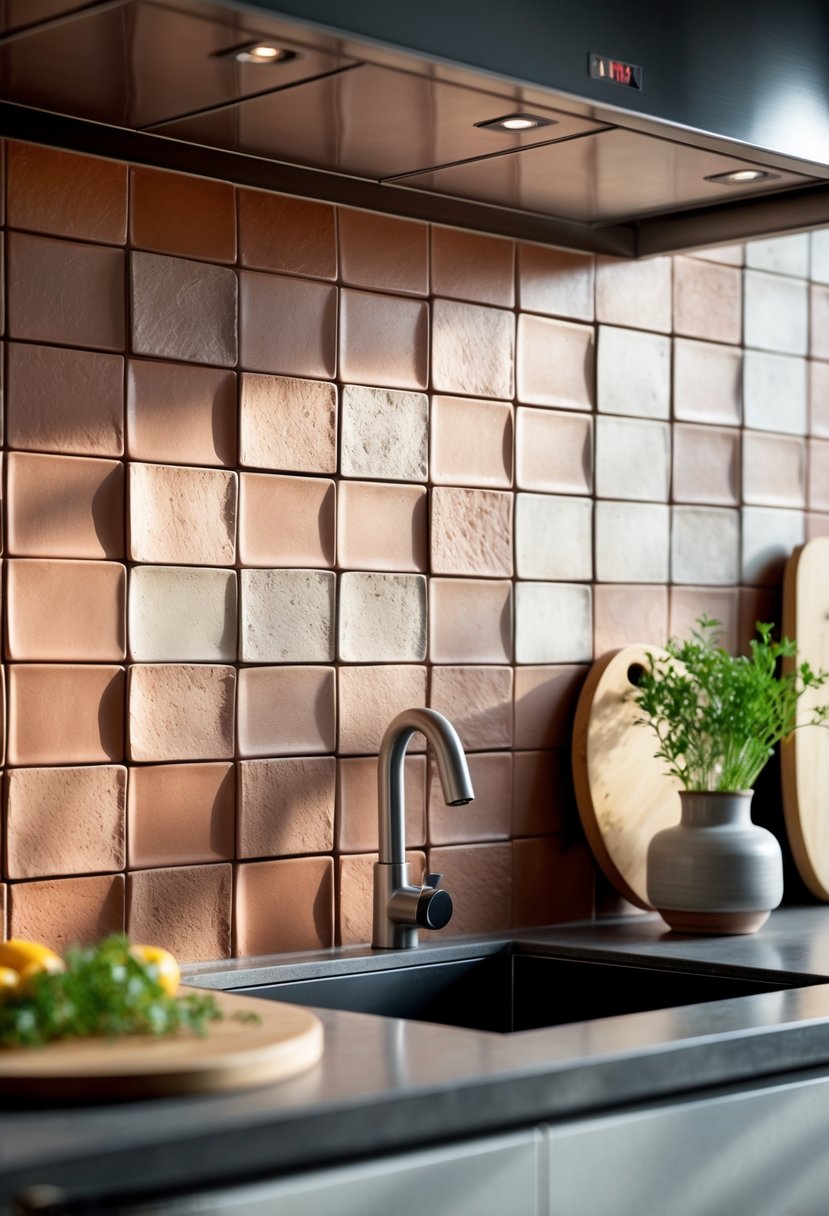 v2 17p7pl 6bp2w Close-up of a kitchen backsplash made of matte-finish terracotta tiles with warm earthy tones and textured surface, above a countertop with kitchen accessories.