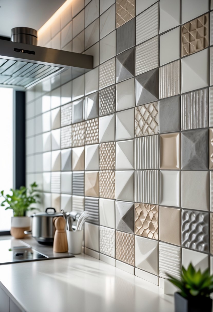 v2 17p7q1 A kitchen backsplash made of textured 3D geometric ceramic tiles behind a countertop with kitchen utensils and a small plant.