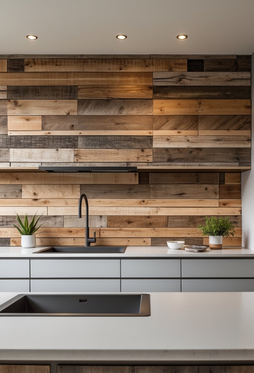 v2 17p7qg 0wqlr A kitchen with a textured wooden backsplash made of reclaimed wood panels, a clean countertop, and modern cabinetry.