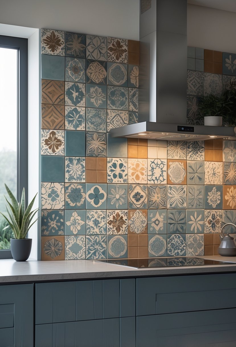 v2 17p7rk A kitchen backsplash made of patterned cement tiles with textured designs in earthy colors above a countertop with a faucet and plants.