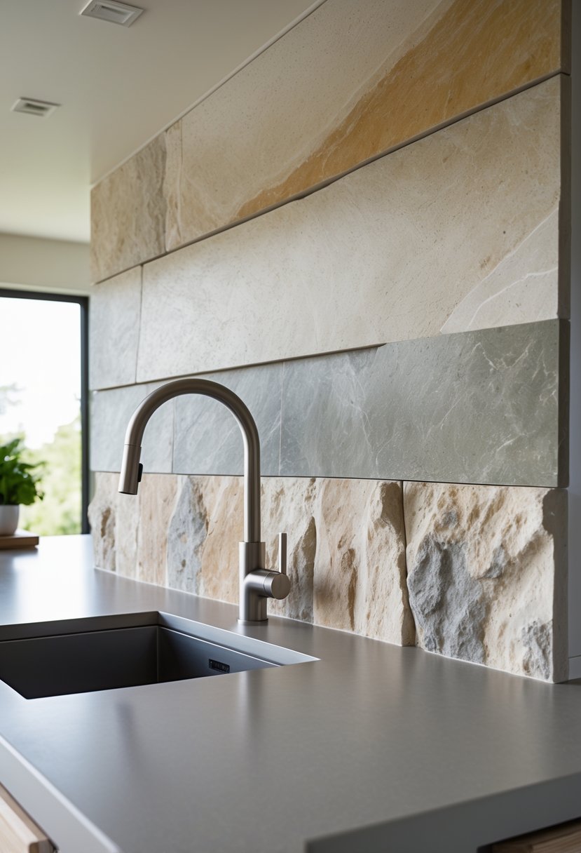 v2 17p7rz nabyd Close-up view of a kitchen backsplash made of rough-hewn soapstone slabs with natural texture and color variations behind a countertop.