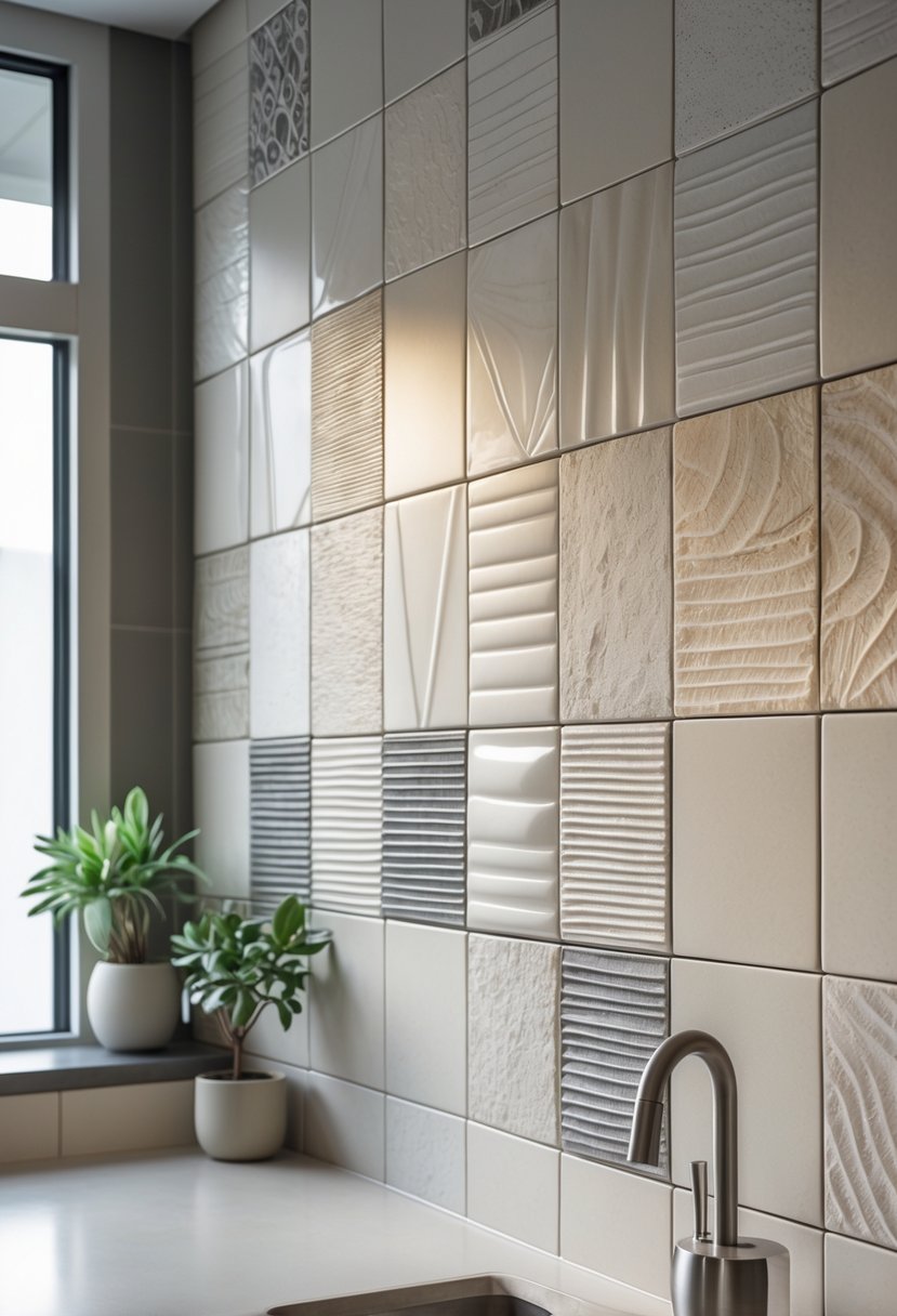 v2 17p7su Close-up view of a kitchen backsplash made of textured porcelain tiles with a matte finish, featuring various subtle patterns and neutral colors.