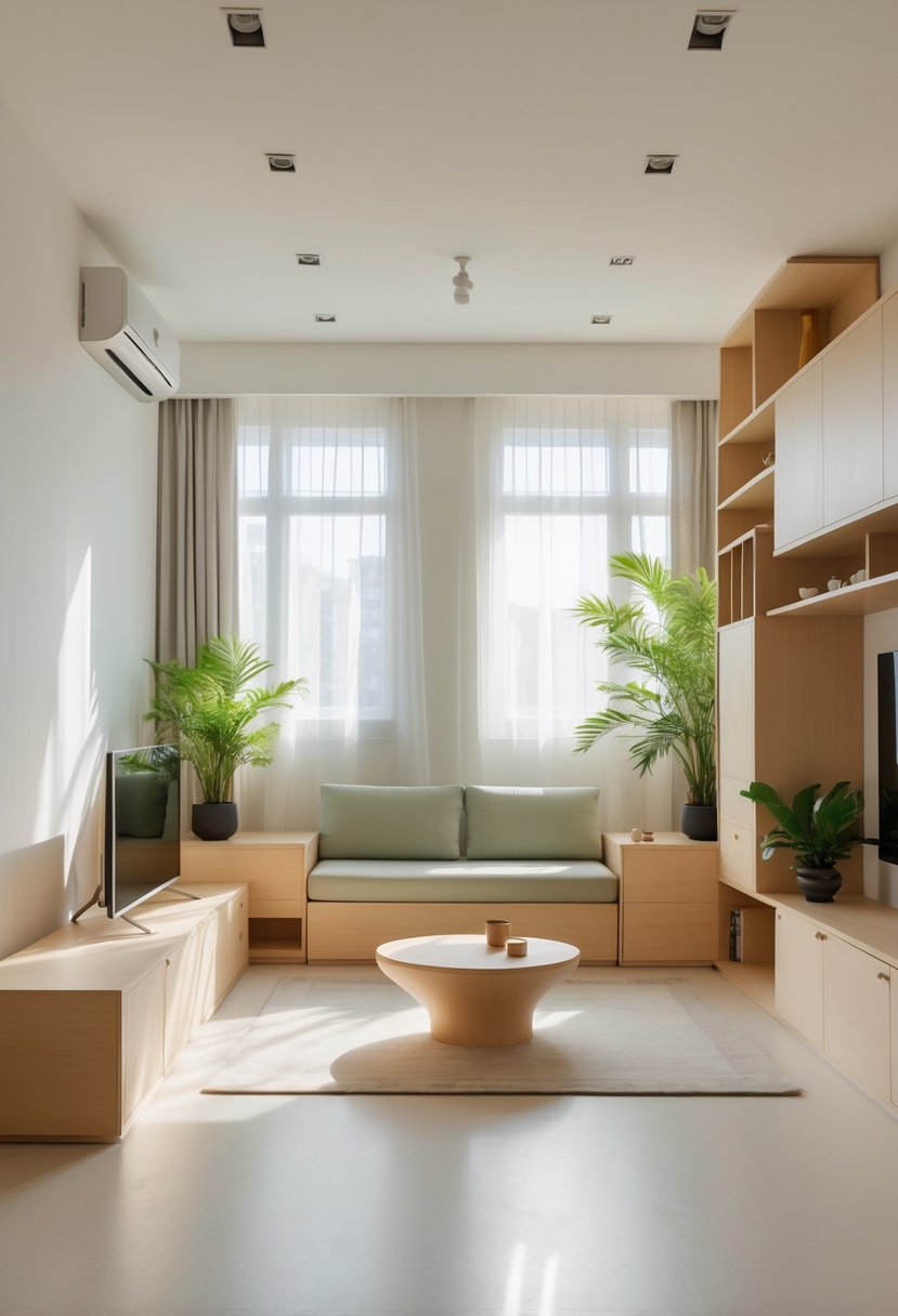 A small living room with space-saving furniture, natural light, and green plants arranged to create an open and balanced atmosphere.