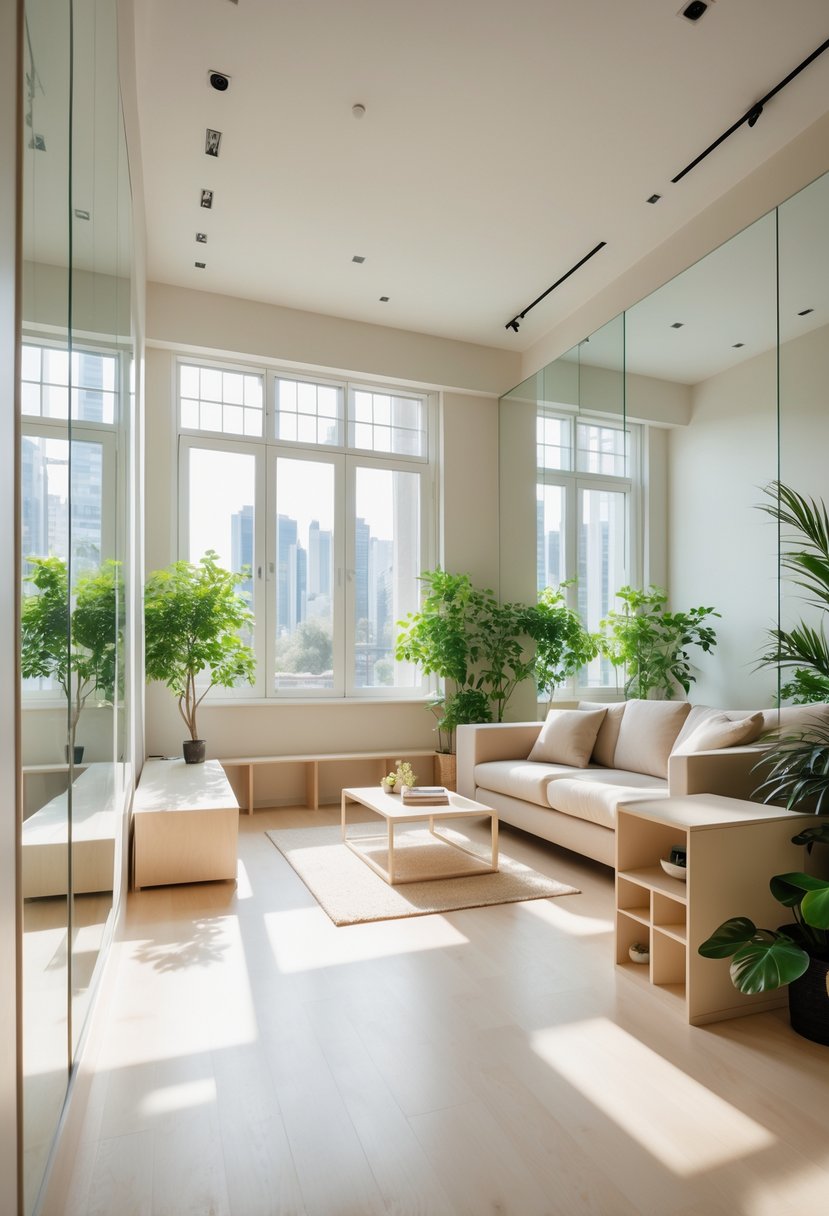 A small living room with large windows, mirrors, light-colored walls, minimalist furniture, and green plants creating an open and inviting space.