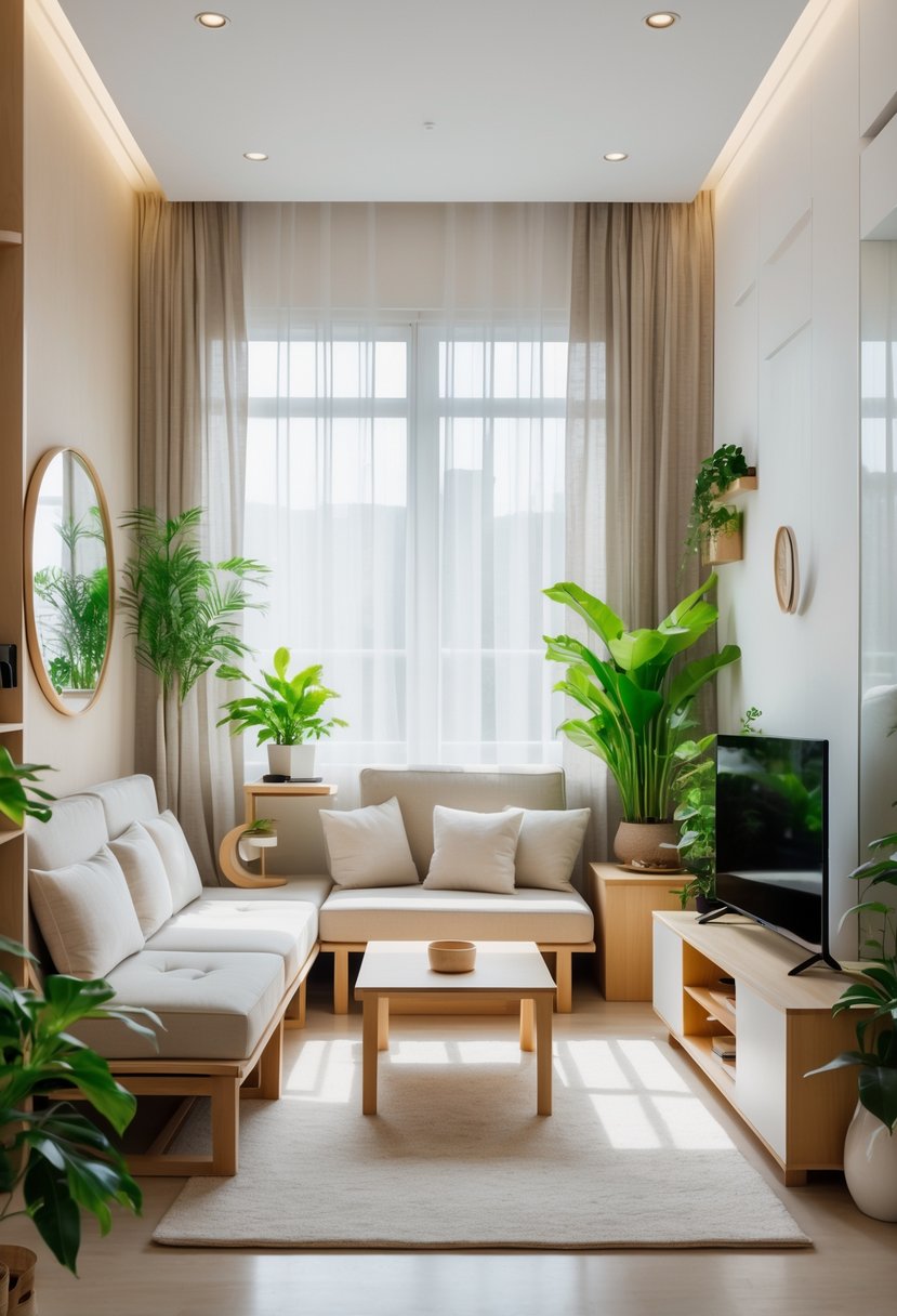 A small, bright living room with minimalist furniture, green plants, natural light, and an open, uncluttered layout.