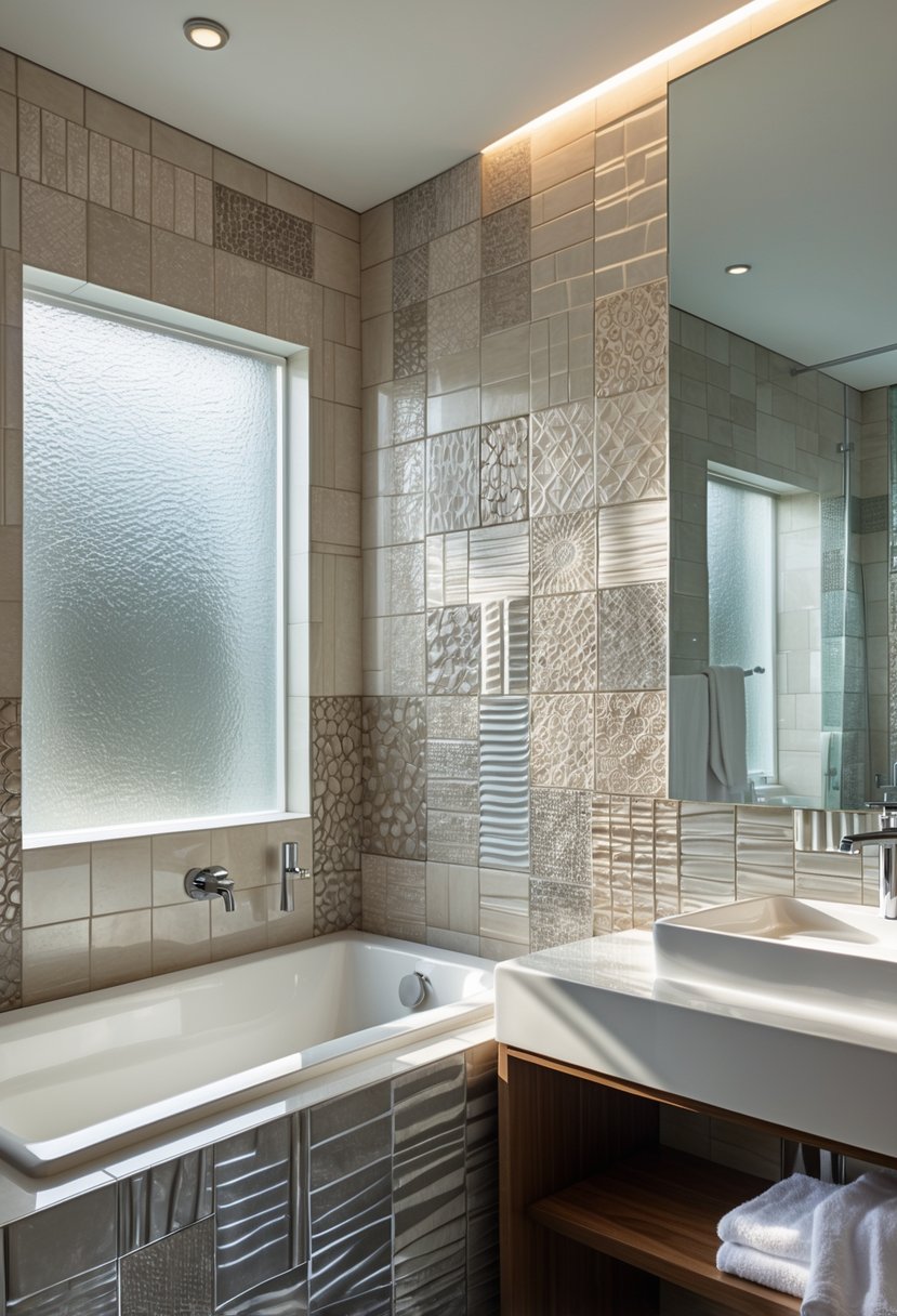 v2 17qx6t d5d8f A modern bathroom with textured tiles on the walls, a bathtub, a vanity with a mirror, and natural light coming through a window.