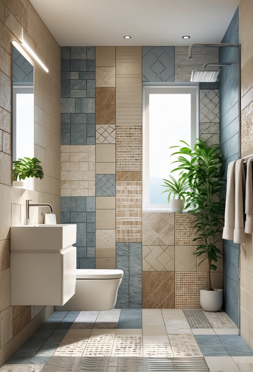 v2 17qx8i bodwd A modern bathroom with walls and floors covered in various textured tiles in neutral colors, featuring a white sink, chrome faucet, a mirror, and a small potted plant.