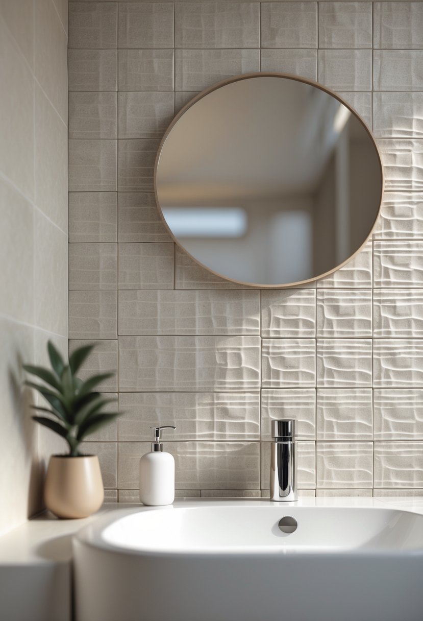 v2 17qx97 4j6qa A modern bathroom wall with textured tiles, a sink with a chrome faucet, and minimal accessories.