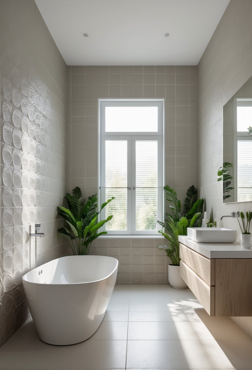 v2 17qx9o 4lg5d A modern bathroom with textured tiles on the walls, a freestanding bathtub, wooden vanity, mirror, and plants.