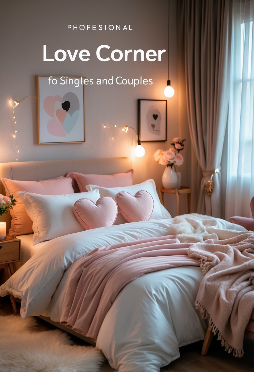 A cozy bedroom with a large bed, soft bedding, heart-shaped pillows, warm lighting, a nightstand with flowers and a candle, and a window with sheer curtains.