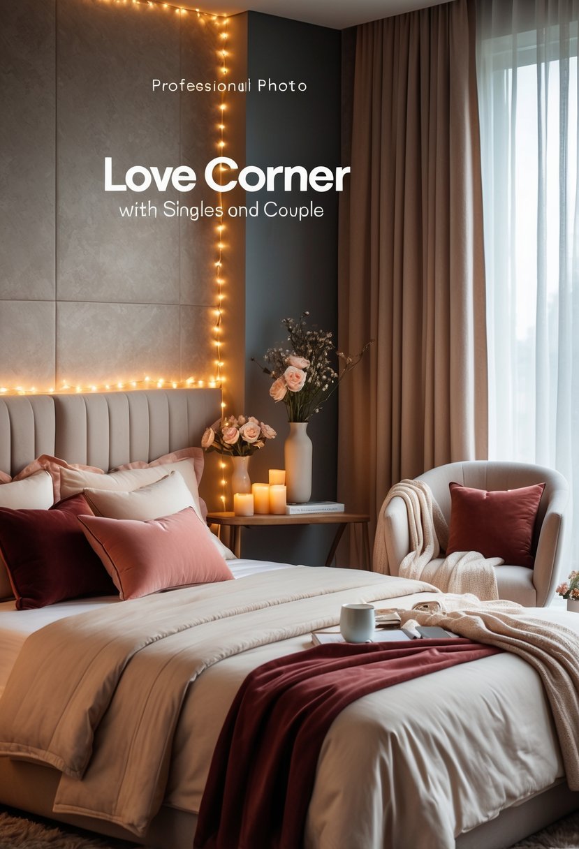 A cozy bedroom corner with a king-size bed, decorative pillows, nightstands with lamps, an armchair with a throw blanket, and soft natural light coming through sheer curtains.