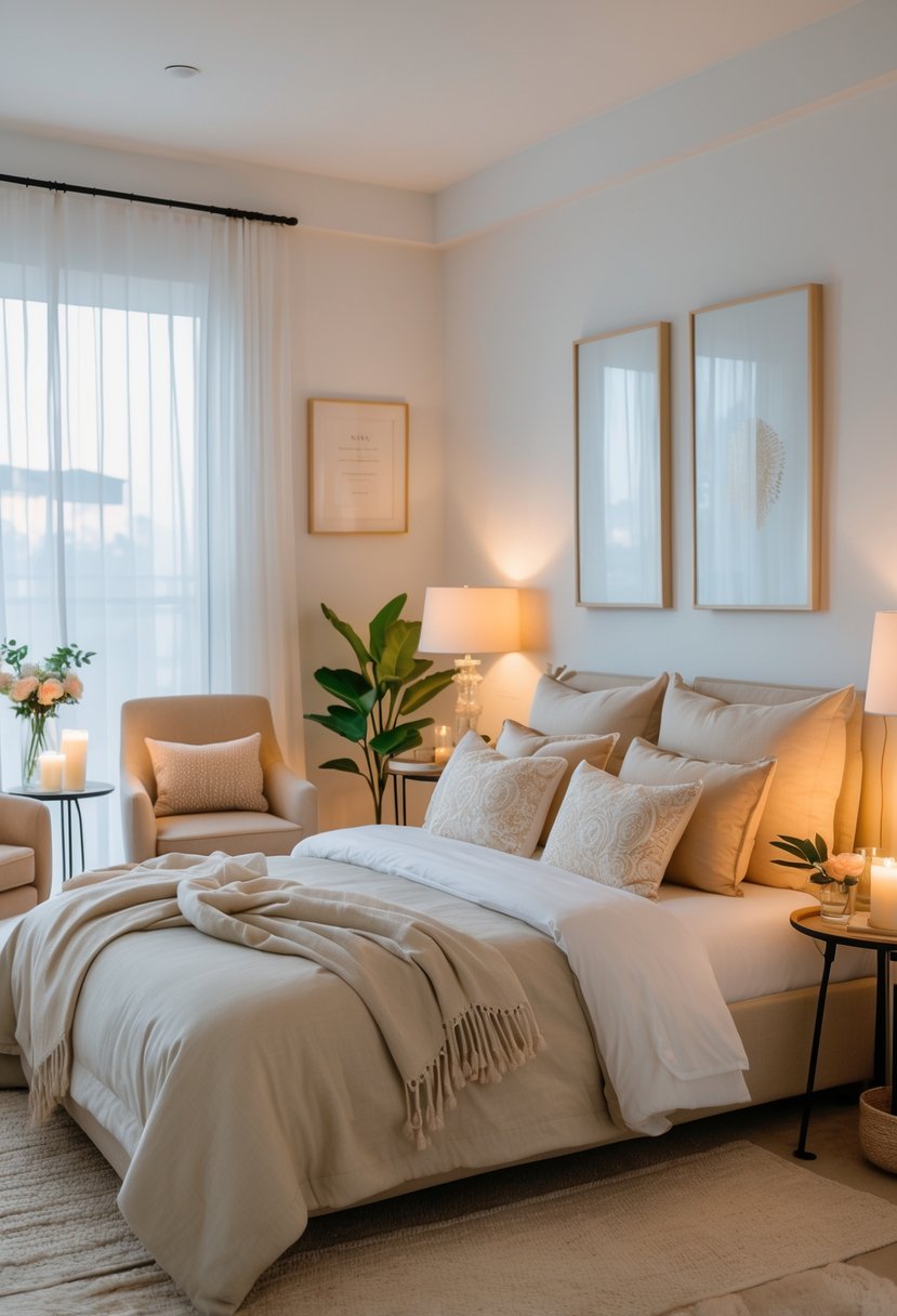 A bedroom with a queen-sized bed, two chairs with a side table, soft lighting, and plants near a window with sheer curtains.
