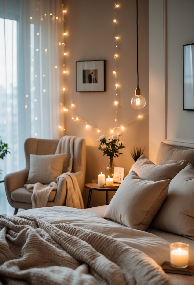 A cozy bedroom corner with a neatly made bed, soft pillows, string lights, framed photos, a vase with flowers, an armchair with a throw blanket, and a side table with a candle and book.