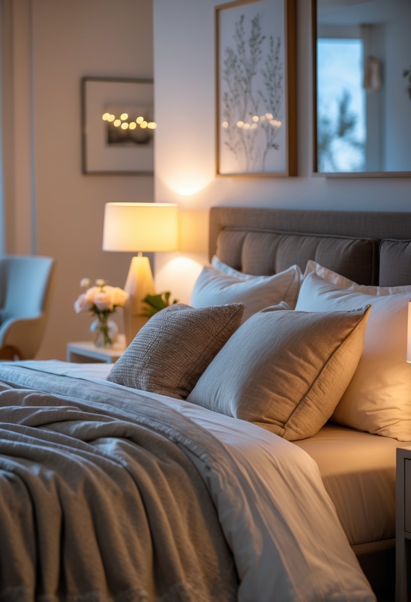 A cozy bedroom with a neatly made bed, soft pillows, warm lighting, and romantic decor elements like flowers and candles.