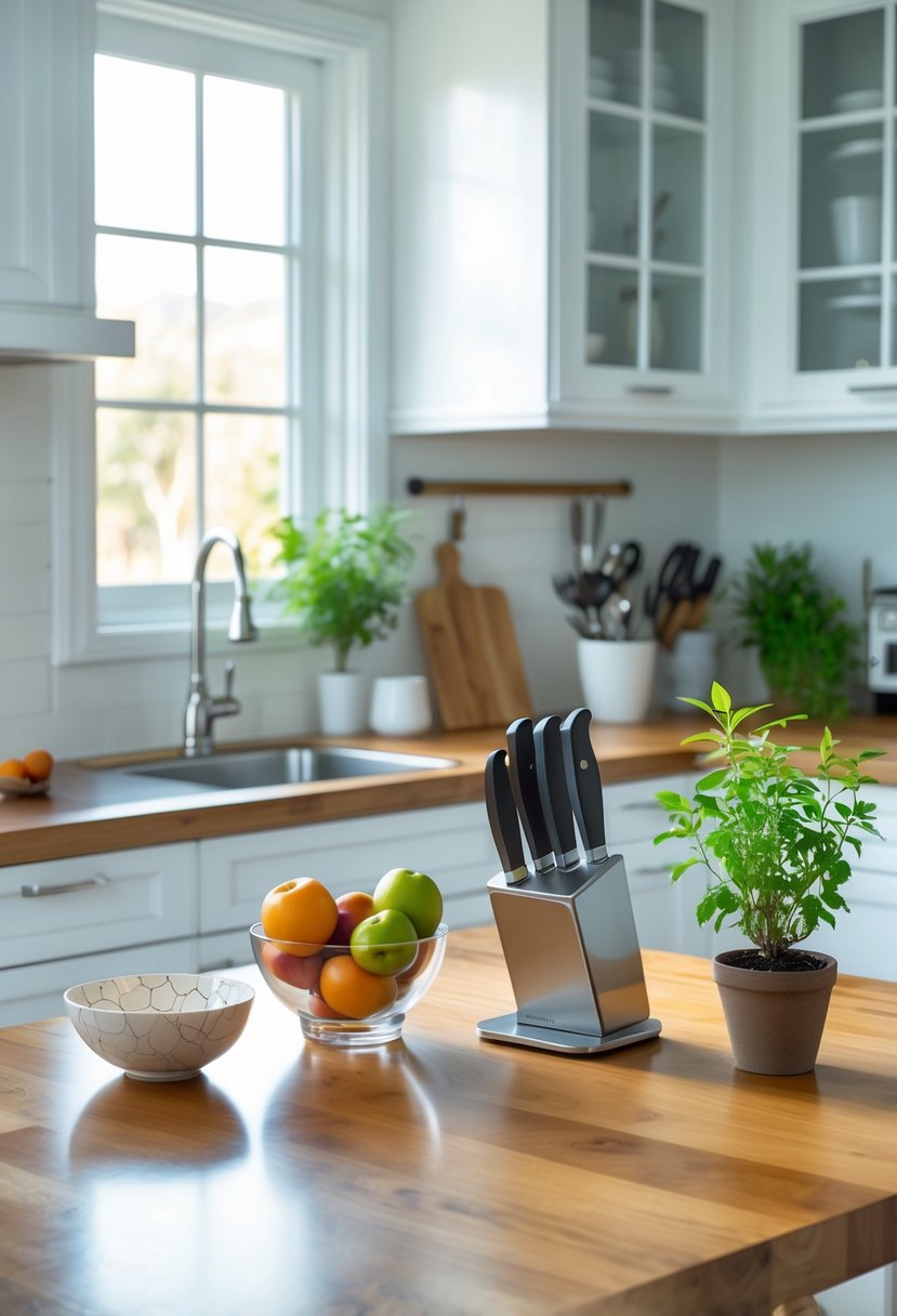 A modern kitchen countertop displaying three toxic Feng Shui items: a cracked bowl, rusty knives, and a wilted plant, each paired with a healthy replacement: a glass bowl of fresh fruit, shiny knives on a magnetic holder, and a green potted herb plant.
