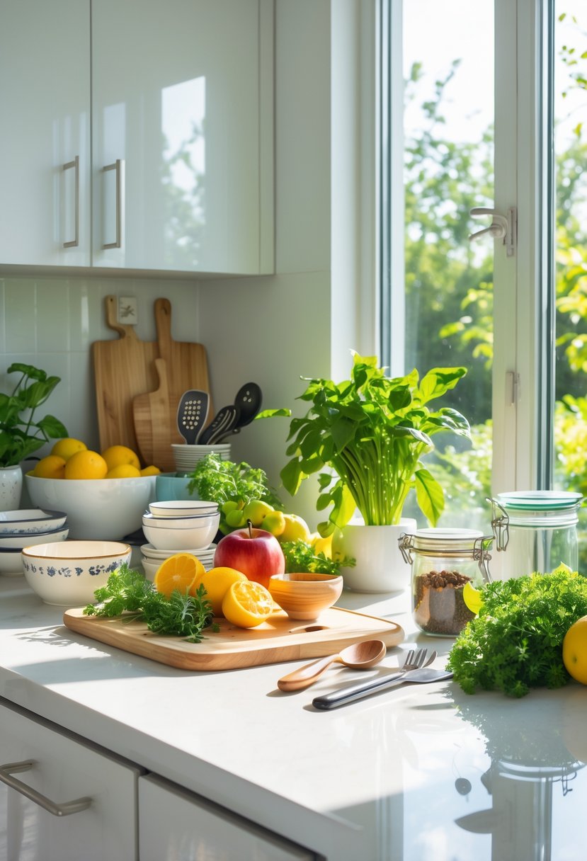 A bright kitchen with fresh fruits, plants, and clean cookware on the countertop, showing a contrast between old, worn kitchen items and new, vibrant replacements.