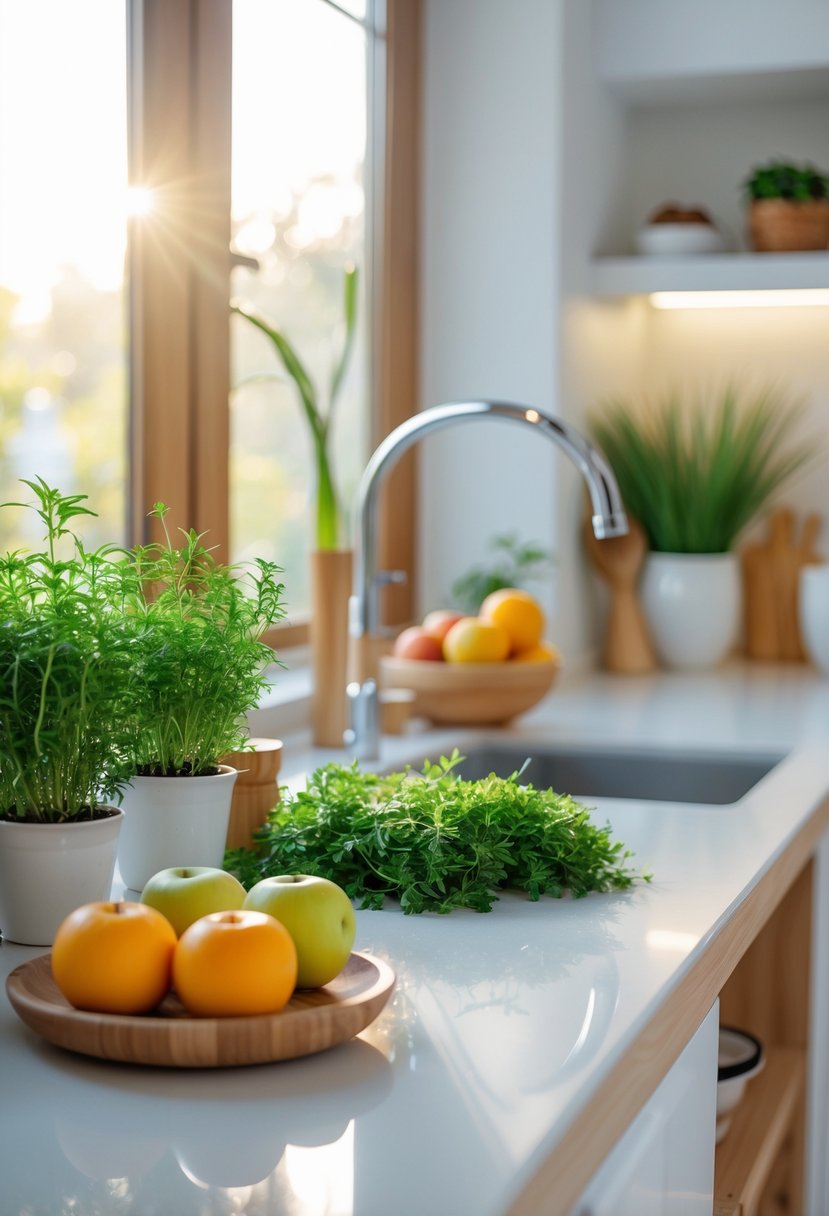 A bright kitchen countertop with fresh fruits, green potted herbs, and natural kitchen tools illuminated by soft daylight through a window.