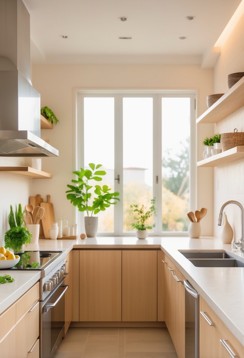 A modern kitchen with natural light, green plants, wooden utensils, and a clean countertop arranged to promote positive energy and balance.