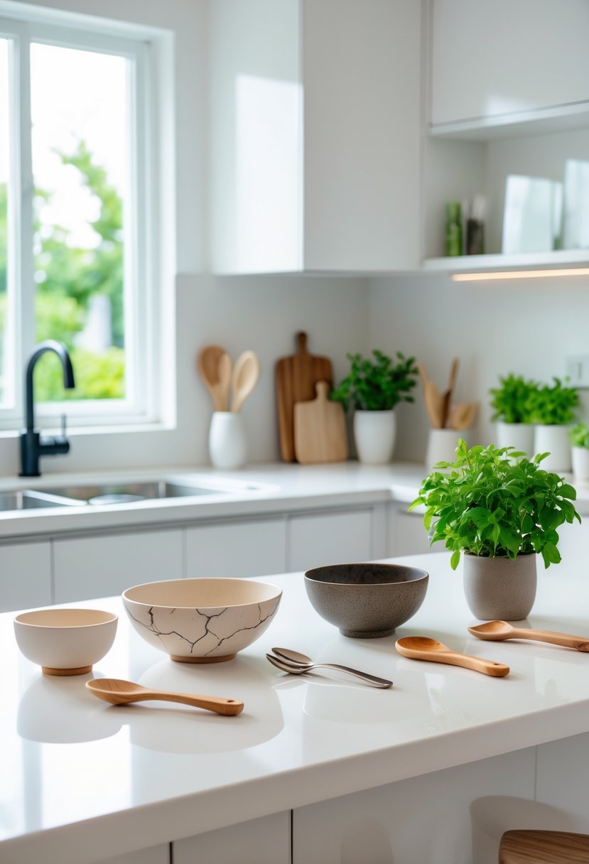 A modern kitchen countertop with three toxic kitchen items paired with healthier alternatives, including a cracked bowl replaced by a smooth one, rusty utensils replaced by wooden ones, and a wilted plant replaced by a vibrant green plant.