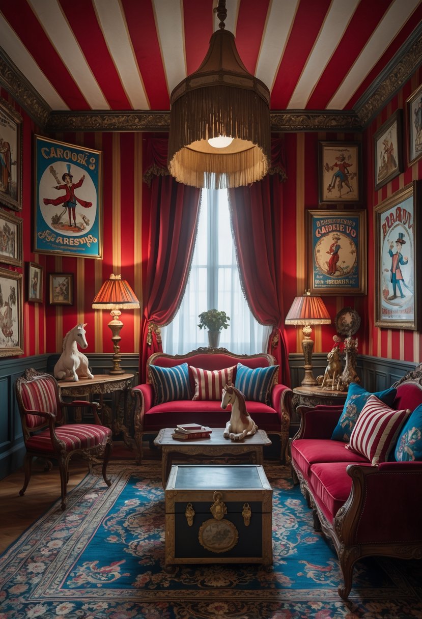 v2 17we9o kuiej A cozy living room with antique wooden furniture, patterned wallpaper, circus-themed decorations, and warm lighting.