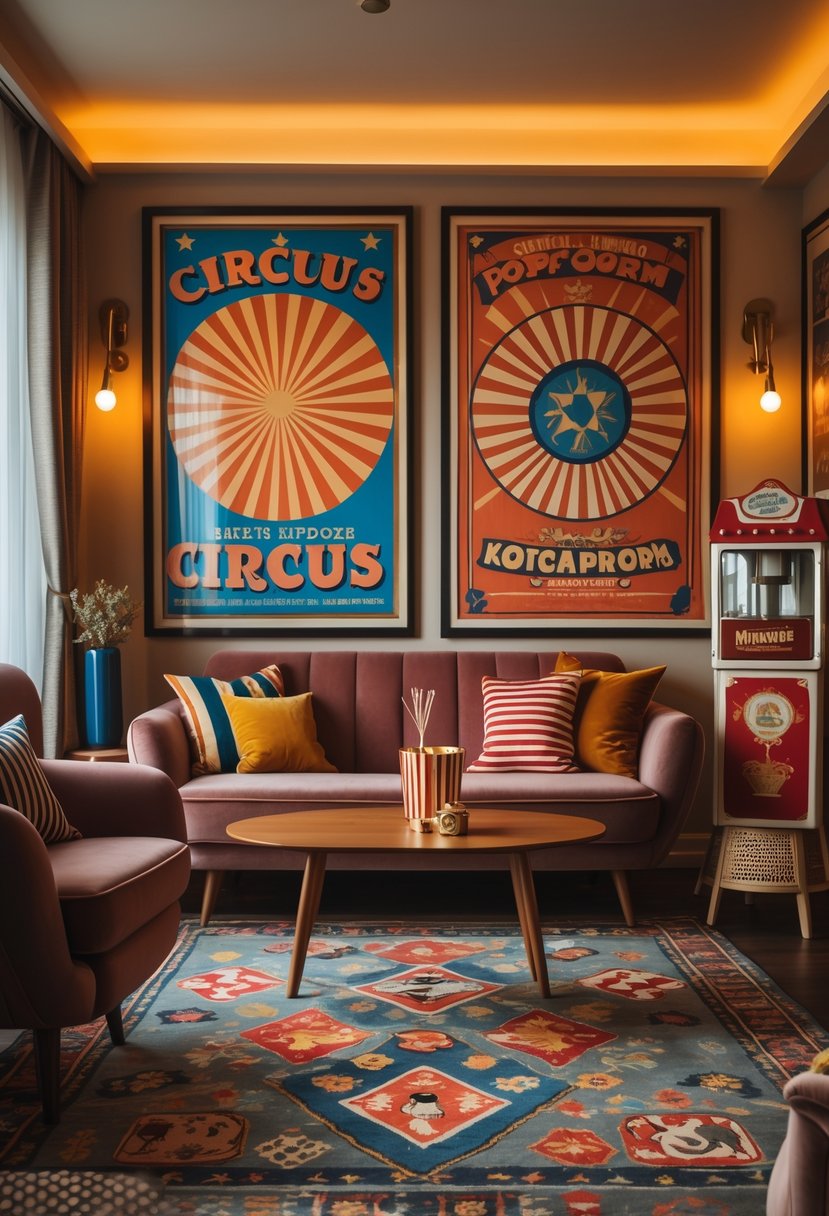 v2 17wea5 e7e3p A living room with a sofa, coffee table, framed colorful circus posters on the walls, and decorative items arranged neatly in a bright, spacious space.