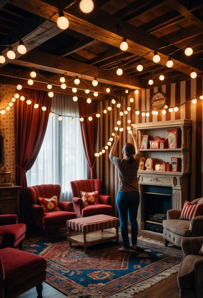 v2 17wec1 ehp1b A cozy living room with vintage carnival string lights being installed, featuring warm glowing bulbs, plush chairs, and circus-themed decorations.