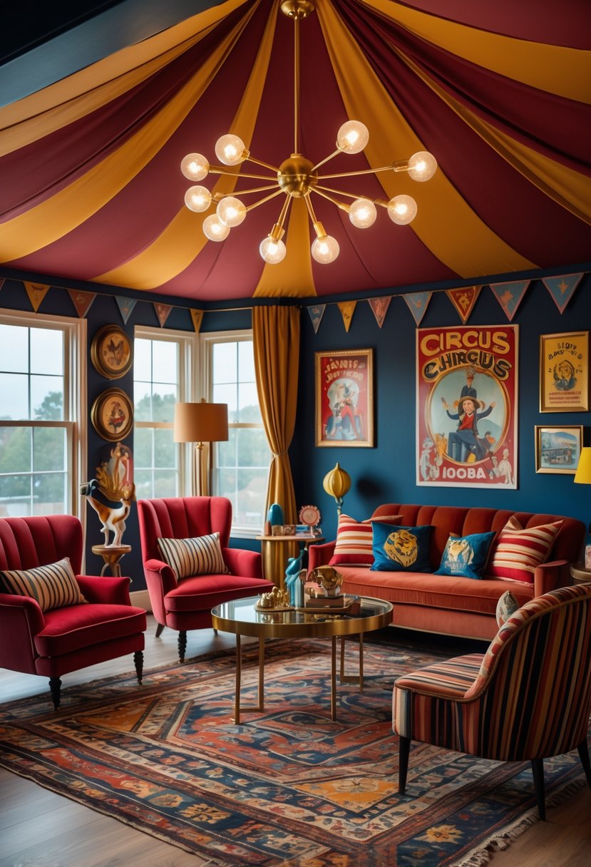 v2 17wecx 2ddhf A living room with a chandelier hanging above comfortable seating and colorful furniture arranged around the space.