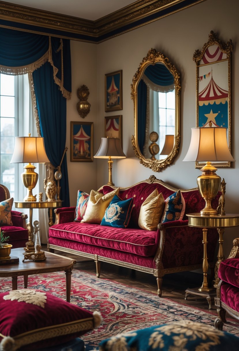 v2 17wed9 m0ndt A living room with a red velvet sofa, wooden tables with brass and gold details, warm lighting, and decorative lamps and mirrors.