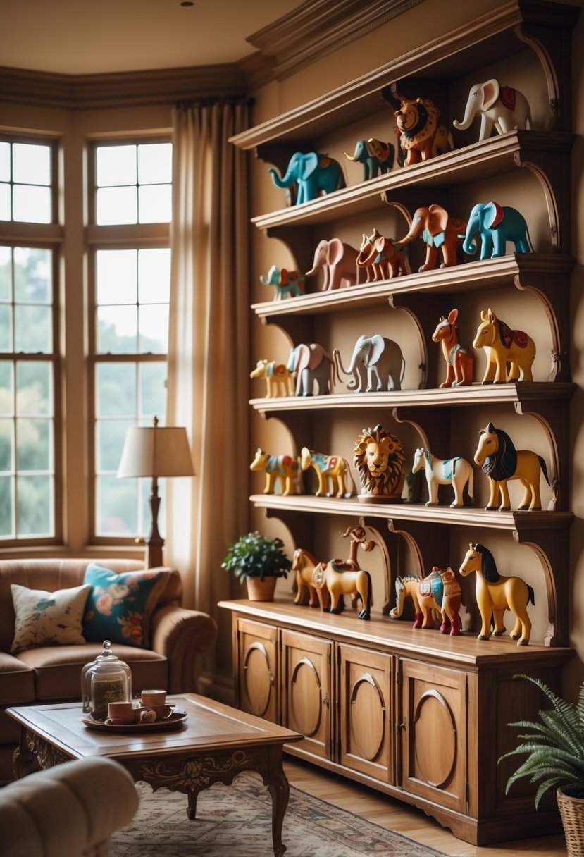 v2 17wedl huzn8 A living room with wooden shelves displaying colorful circus animal figurines, warm lighting, and classic furniture.