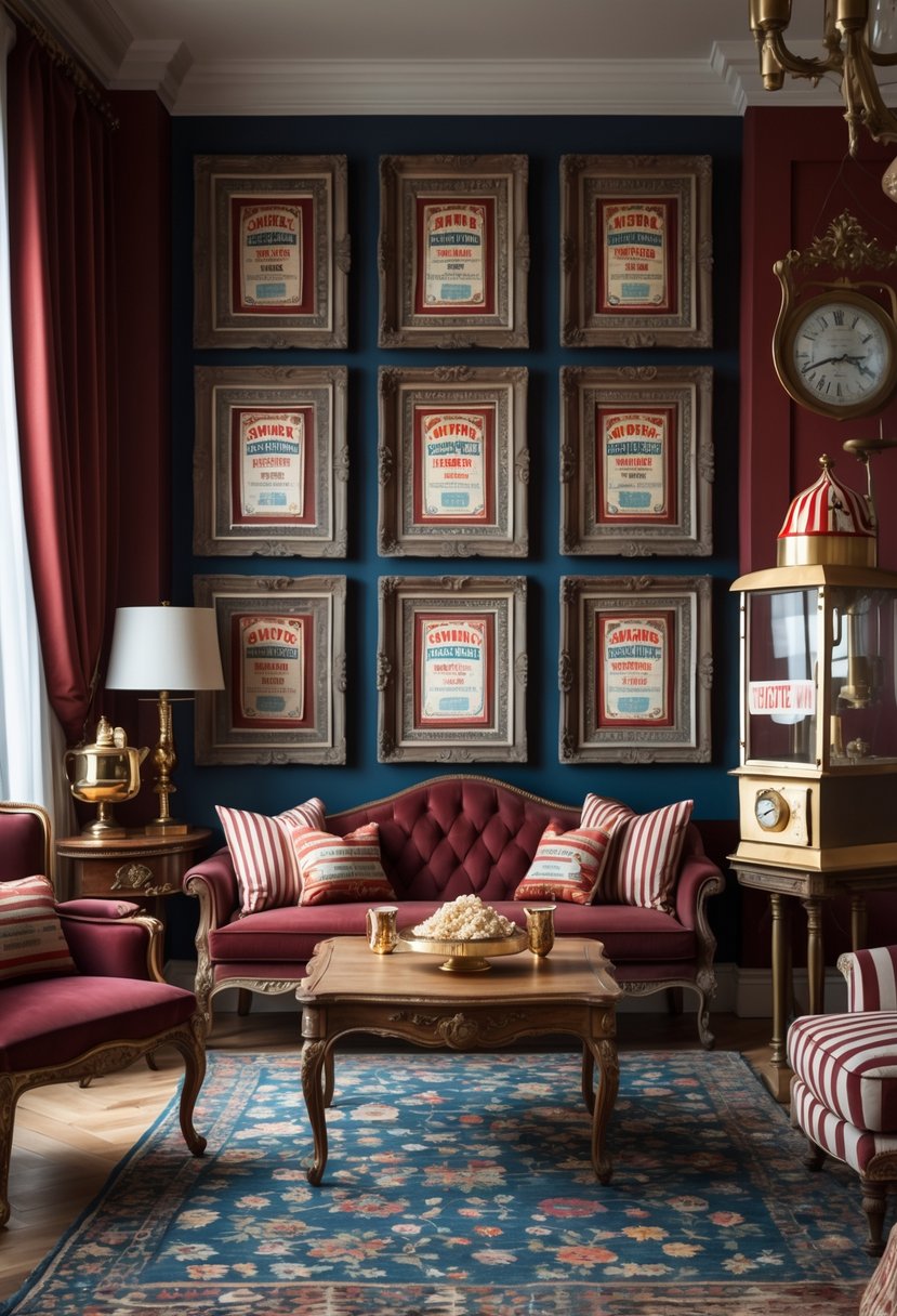 v2 17wedy 3c823 A living room with framed collages of vintage carnival ticket stubs on the wall, antique furniture, and circus-themed decorations.