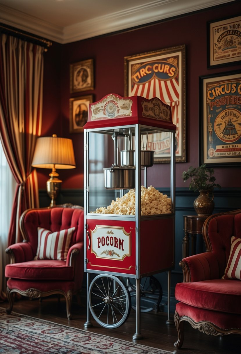 v2 17weep klroi A living room with a vintage popcorn machine surrounded by plush chairs, striped curtains, and antique furniture.