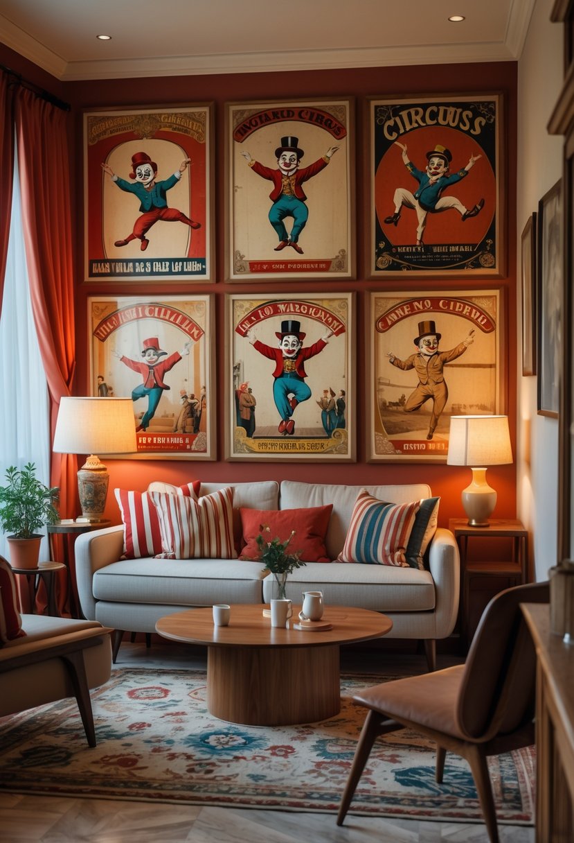 v2 17wefx Living room with vintage circus-themed wall art showing clowns and acrobats, featuring a sofa and coffee table in warm lighting.