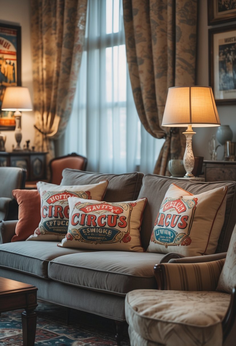 v2 17weg9 80efd A cozy living room with a sofa and armchairs, featuring cushions and lampshades with decorative patterns, warm lighting, and vintage-style furniture.