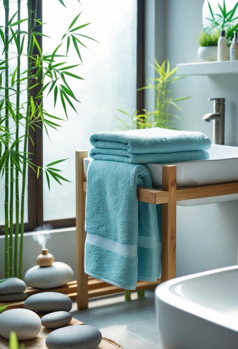 v2 17wfdp 90ko5 A bathroom with a neatly folded blue towel on a wooden rack, bamboo plants, river stones, and soft natural light coming through a frosted window.