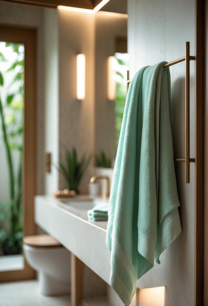 v2 17wfe8 ghig4 A modern bathroom with a neatly folded pastel-colored towel hanging on a rack, surrounded by plants and natural decor elements.