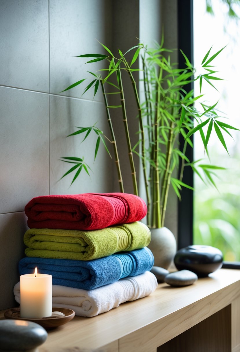 v2 17wfey p3qiq A bathroom shelf with neatly folded colorful towels, bamboo plants, and smooth stones arranged to create a calm and balanced atmosphere.