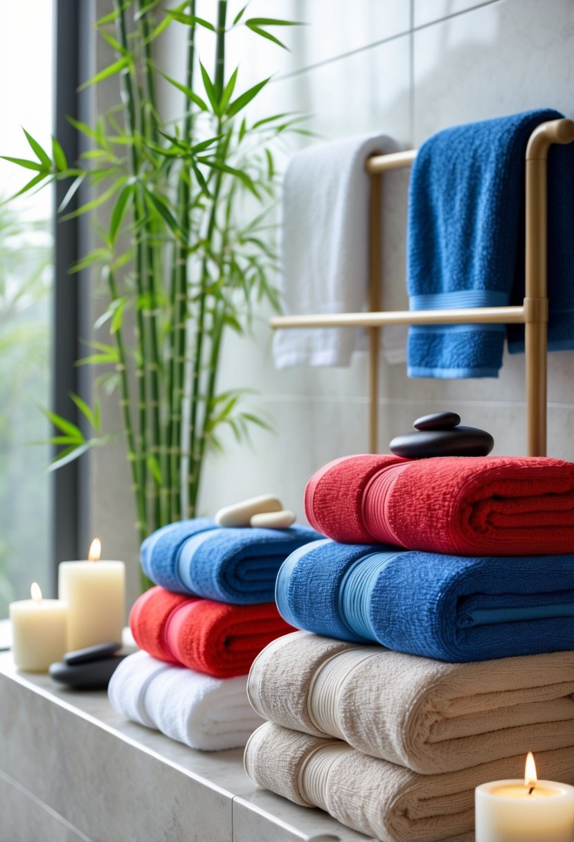 v2 17wffh p00cq A modern bathroom with neatly folded colorful towels arranged on racks alongside bamboo plants, stones, and candles.