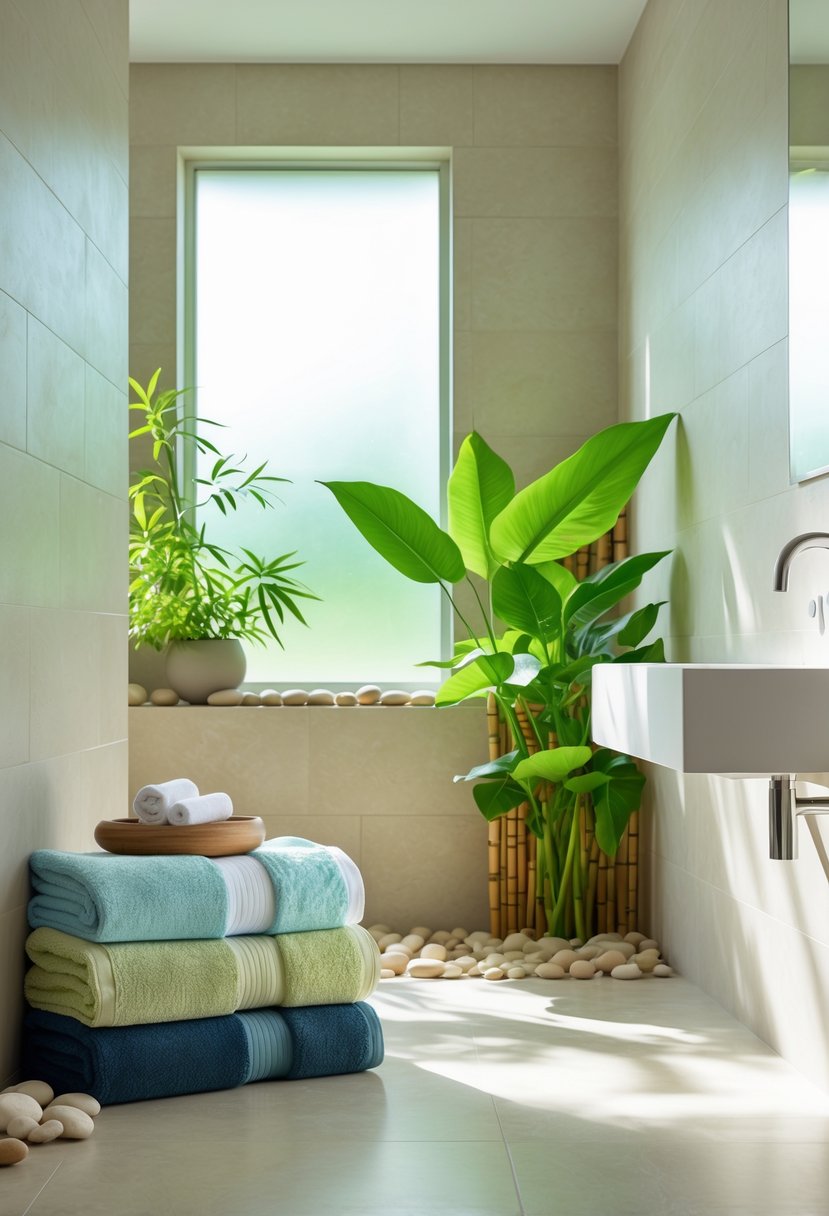 v2 17wfg5 jujrm A peaceful bathroom with neatly folded towels in calming colors, natural light, plants, and minimalist decor.