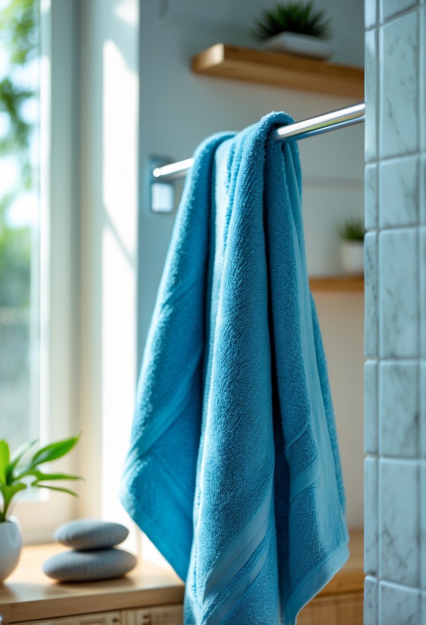 v2 17wfgm ktypc A neatly folded blue towel hanging on a rack in a bright bathroom with a small plant and decorative stones nearby.