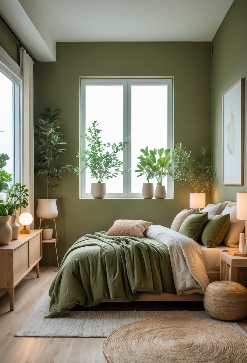 v2 17wfxi o4ahb A bedroom with olive green walls, a bed with matching bedding, wooden furniture, plants, and natural light coming through large windows.