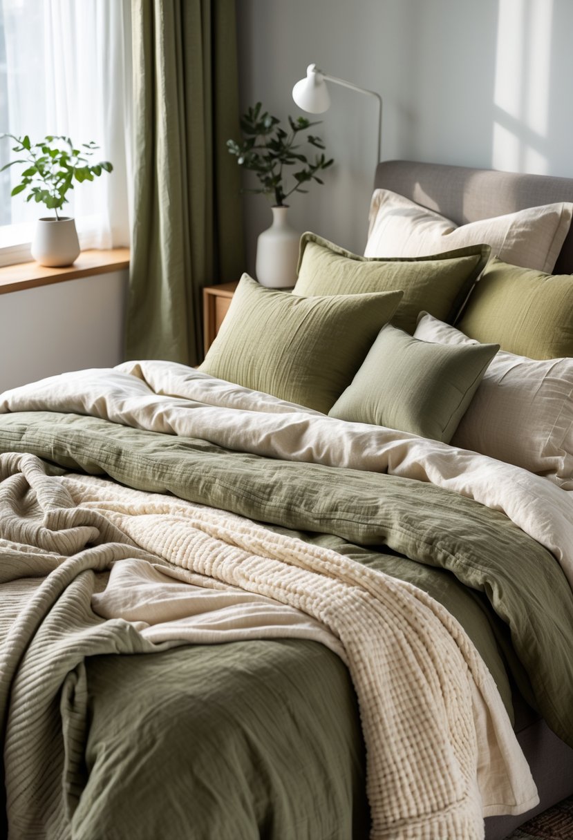 v2 17wfy8 lk0nh A neatly made bed with layered olive green and cream bedding in a bedroom with soft natural light.