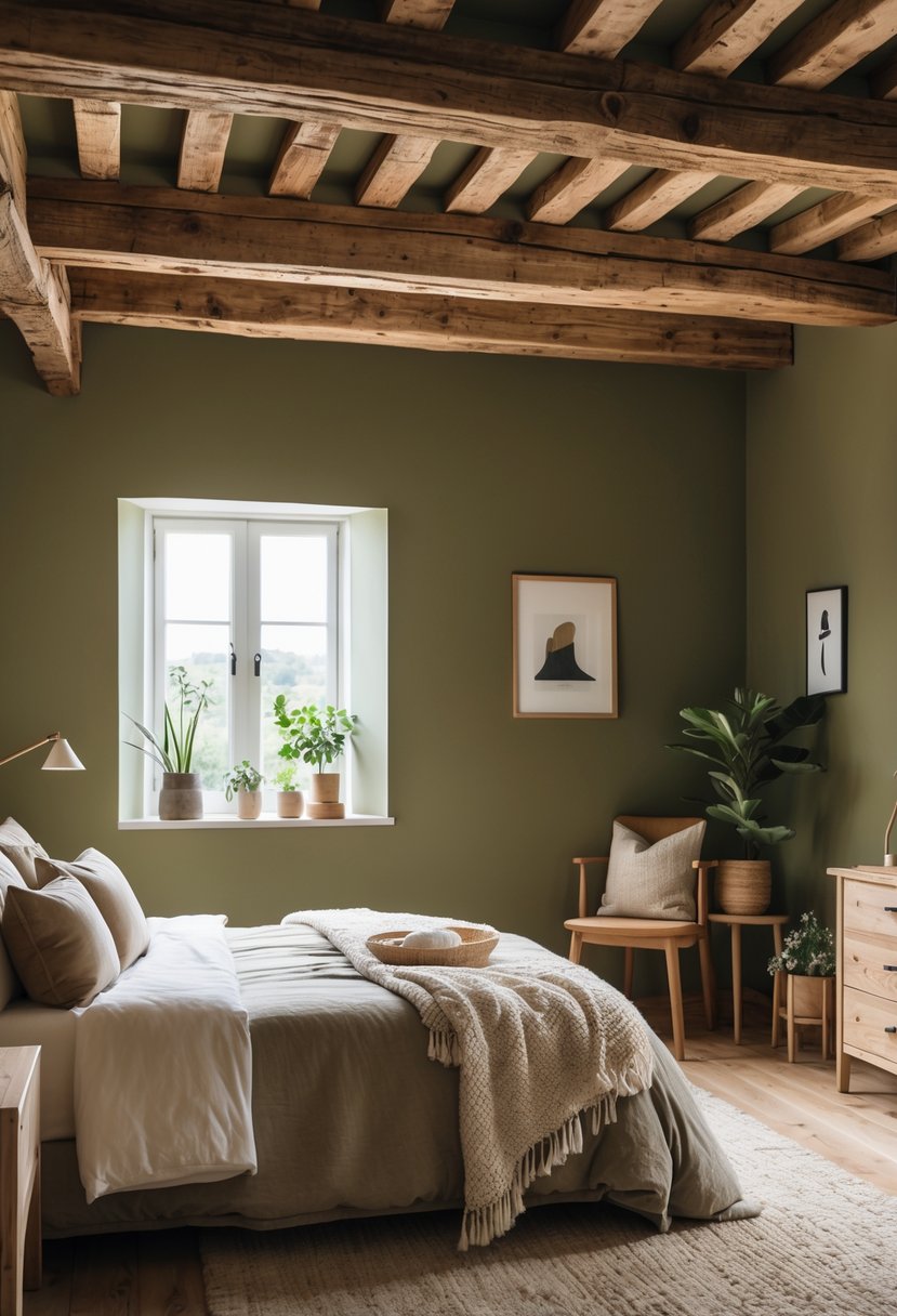 v2 17wfyk rjsjg A bedroom with wooden beams on the ceiling and olive green walls, featuring a made bed and simple furniture.