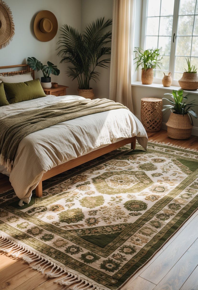v2 17wfza g7q2q A cozy bedroom with a patterned rug featuring olive green highlights on a wooden floor, a neatly made bed with olive green pillows, and natural light coming through a window.