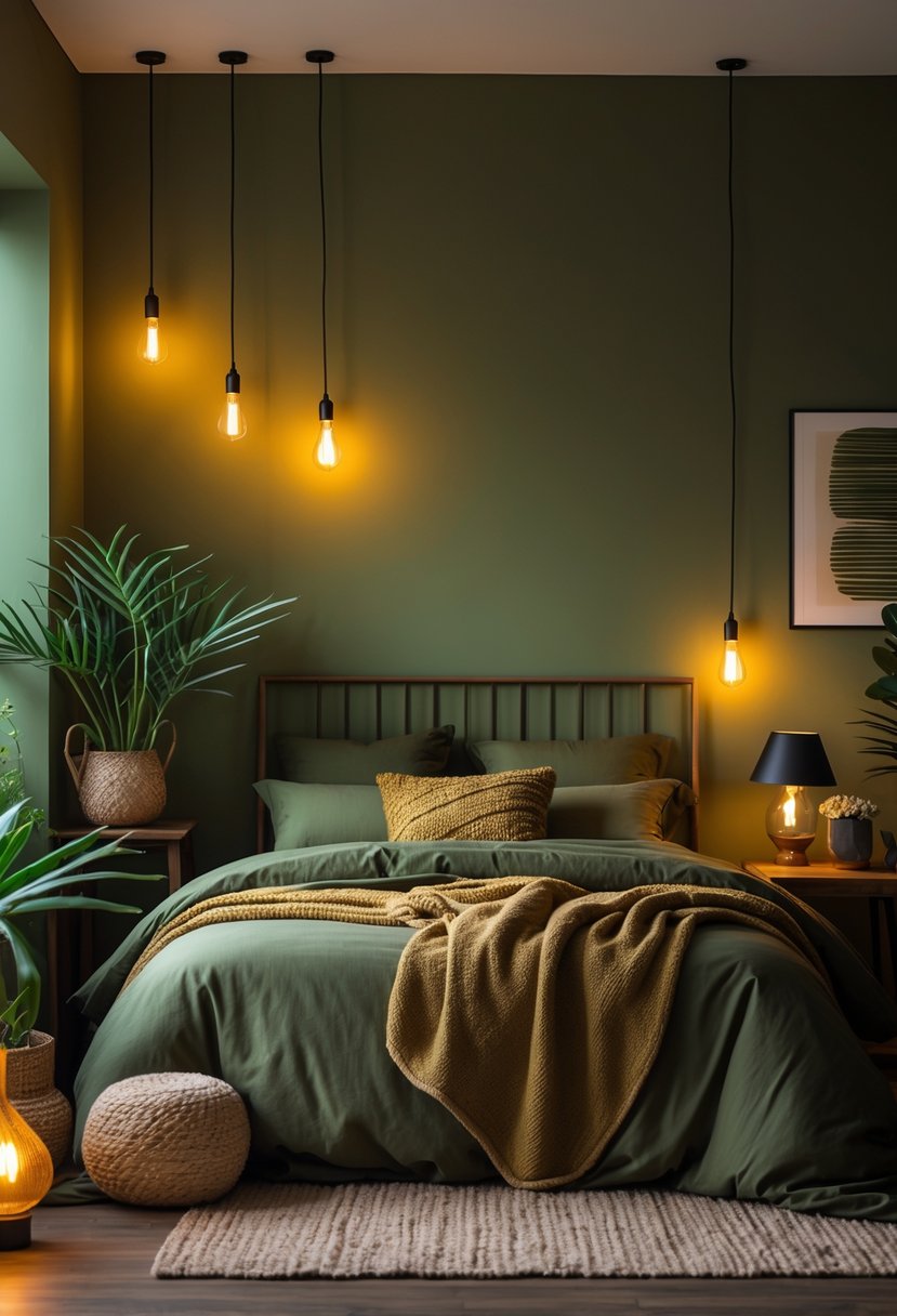 v2 17wfzo yf8ne A cozy bedroom with olive green walls and bedding illuminated by warm light bulbs, featuring wooden furniture and plants.