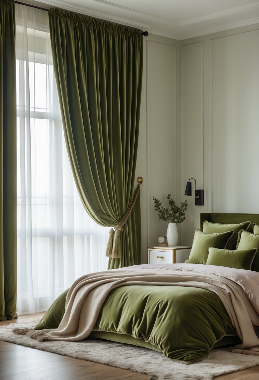 v2 17wg02 oaiei A bedroom with olive green velvet curtains hanging beside a window, a bed with matching bedding, and a bedside table with a lamp.
