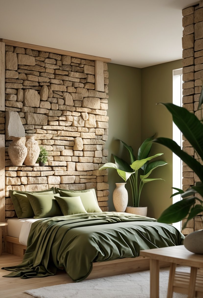 v2 17wg0e erccy A bedroom with olive green bedding and natural stone decor elements, including stone accent walls and decorative pieces, with wooden furniture and plants.