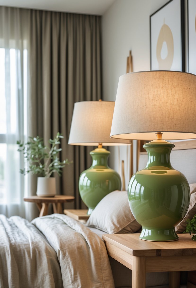 v2 17wg0t m2vha A bedroom with olive green ceramic lamps on bedside tables next to a bed with light-colored linens.